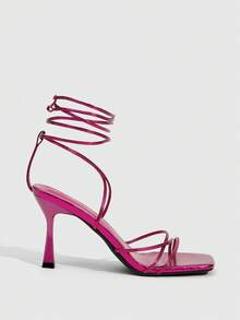 CUCCOO SZL Rose Red Snake Pattern Wrapped High Heels, High-End Banquet Commuter Sandals Snake Pattern Metal Gold Strap Sandals, Multi-Strap Wrapped Square Heels Spring Shoes - Hot Pink - View 7