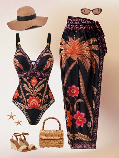 Swim Oasis Women's Bohemian Vacation Printed One-Piece Swimsuit With Metal Decor, High-End Quality, Fashionable Casual Resort Sexy Elegant