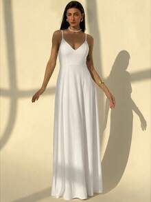 Aloruh 白色V领吊带修身连衣裙，蕾丝拼接，露背设计，适合婚礼季穿着。 - 白色 - 查看 5