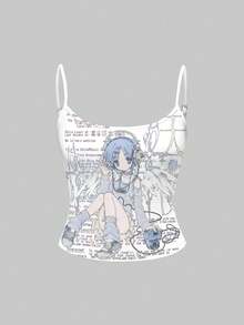 ROMWE Anime 夏季休闲动漫少女卡通印花吊带背心 - 白色 - 查看 1