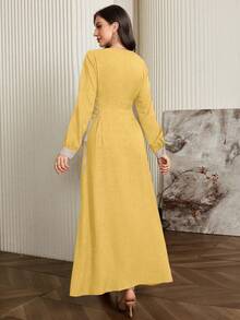 Modelyn Contrast Color Trim Drawstring Waist Slim Strap Elegant Dress - Yellow - View 6