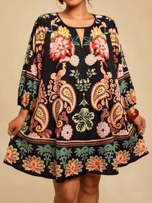 Travachic 大码女式黑米色复古印花连衣裙，七分袖印花连衣裙，秋季连衣裙 - 黑色 - 查看 1