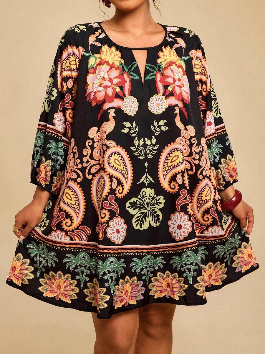 Travachic 大码女式黑米色复古印花连衣裙，七分袖印花连衣裙，秋季连衣裙 - 黑色 - 查看 1