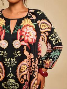 Travachic 大码女式黑米色复古印花连衣裙，七分袖印花连衣裙，秋季连衣裙 - 黑色 - 查看 5