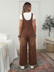 EMERY ROSE 宽松休闲无弹力拉链口袋水洗牛仔背带裤 - 咖啡棕 - 查看 4