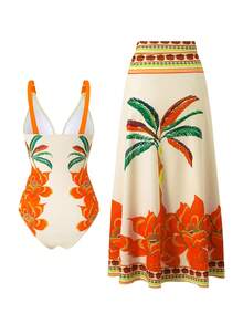 Swim Oasis Bộ đồ bơi liền thân họa tiết cây cọ nhiệt đới và hoa, kèm váy, trang phục đi biển thanh lịch cho mùa hè. - Nhiều màu - Xem 2