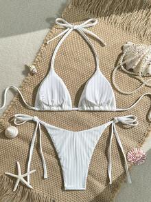 Bộ bikini hai mảnh Swim Mod màu trơn, kiểu cổ yếm, tam giác và quần bơi buộc dây bên hông, gợi cảm, thích hợp cho mùa xuân/hè, phong cách Boho, đi nghỉ mát, họa tiết cây cọ, hai mảnh, đi biển, bikini nhiệt đới, bikini phong cách Boho, bikini vỏ sò, bikini hoa, bikini sao biển. - trắng - Xem 2