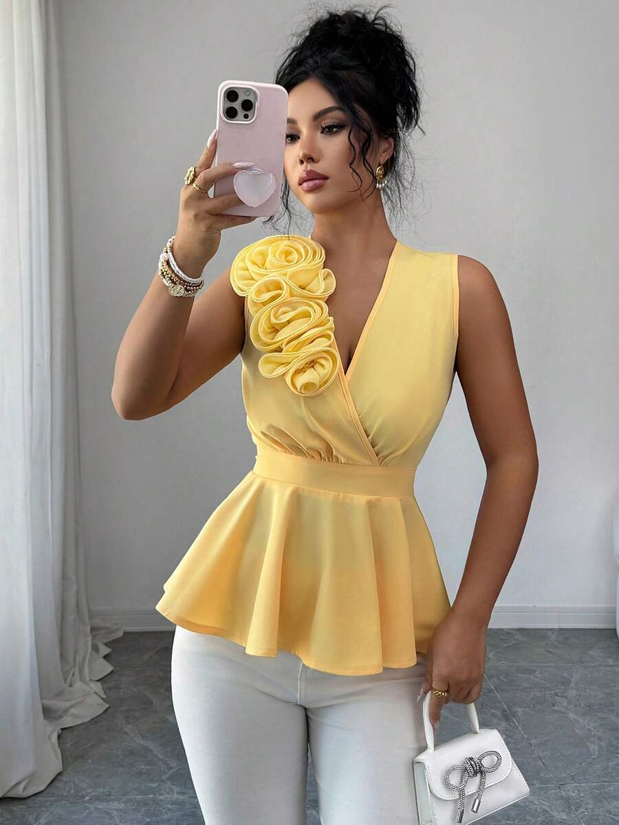 Elenzga Women's Sleeveless V-Neck Ruched Waist Blouse With 3D Floral Applique, Elegant A-Line, Yellow, Spring/Summer - Yellow - View 1