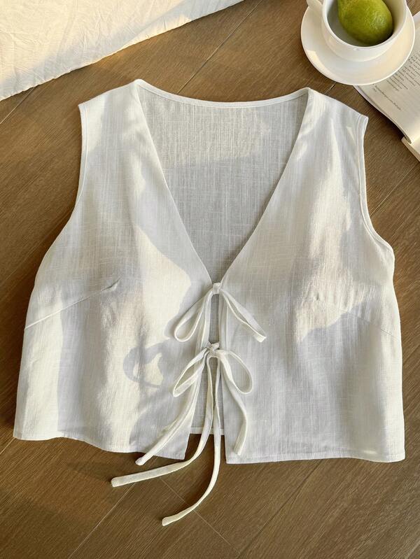 Comfortcana Plus Size Women Casual Linen Tie Front Sleeveless Shirt Blouse
