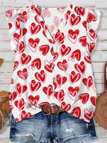 EMERY ROSE 女士情人节红白爱心印花V领短袖修身衬衫，休闲衬衫，适合约会、外出、度假、散步、周年纪念、夏季穿着，红色女士衬衫 - 彩色 - 查看 2
