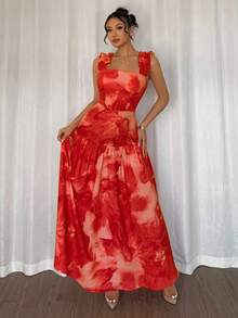 Elenzga Đầm slip không tay dáng chữ A, cổ vuông, eo thắt, họa tiết hoa ngẫu nhiên, viền bèo nhún, màu hồng và hồng cánh sen nhuộm tie-dye, thích hợp cho mùa xuân/hè. - Nhiều màu - Xem 4