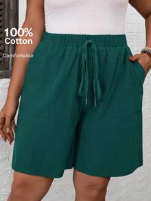 EMERY ROSE Pantalones cortos casuales de mujer de talla grande con bolsillo y cordón en la cintura de un solo color - Verde Oscuro - Ver 1