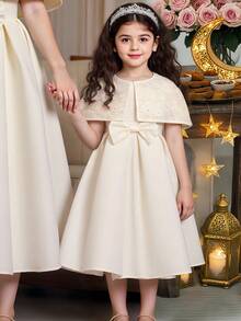 SHEIN Summer 7th Birthday Ivory Princess Two Pieces Solid Satin Dress With Bow,High-End Embellished Jacquard Formal Party Dresses For Girls And Children - Multicolor - View 7