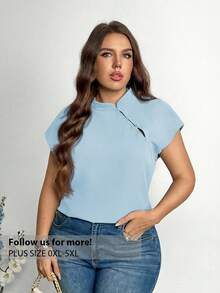 Firerie Áo sơ mi trắng dáng ôm vừa vặn, cổ cài cúc, không tay, vai rớt, tay ngắn, kiểu Trung Quốc mới, dành cho người có vóc dáng đầy đặn, thanh lịch và phù hợp đi làm. - Màu xanh lam - Xem 1