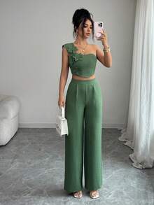 Elenzga 优雅3D花卉装饰休闲度假无袖上衣和裤子女式两件套 - 綠色 - 查看 3