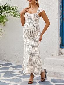 SHEIN 孕妇波点印花方领修身优雅连衣裙 - 杏色 - 查看 1