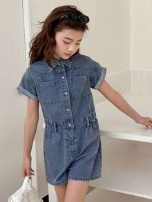 DAZY Tween-Mädchen Jumpsuit in Uni-Farbe mit schräger Tasche, Knopfverschluss, Kurzarm, Lässig, für den Sommer - Blau - Übersicht 6