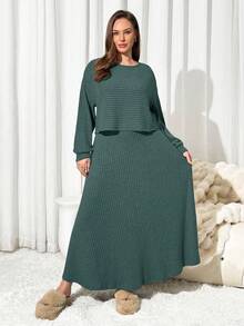 Auralis Bộ đồ đôi nữ cỡ lớn màu trơn cổ tròn tay dài và chân váy midi, kiểu dáng thường ngày. - Màu xanh lá cây đậm - Xem 5