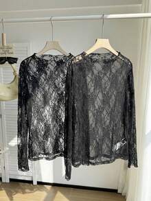 SHEIN EZwear 2 pezzi Maglie nere versatili in pizzo per donne taglie forti, autunno/inverno - nero - Visualizzare 6