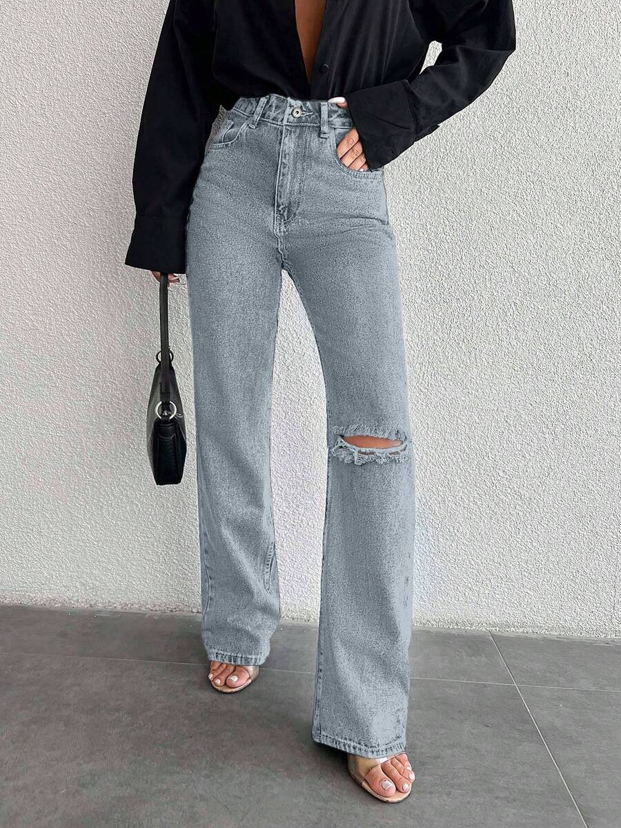 EURMUSE Women's Casual Fashion Street Chic High Waist Ripped Straight Leg Jeans, Suitable For Daily Commute - Baby Blue - View 1