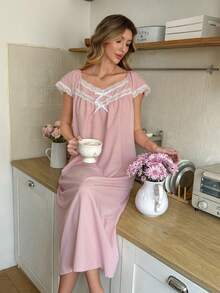 Snug Reverie 纯色撞色蕾丝蝴蝶结浪漫睡衣女式睡袍 - 粉色 - 查看 2