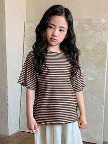 Dazy Kids Young Girl Summer Casual Everyday Commute Striped Print Loose Fit Lettuce Trim T-Shirt - Brown - View 3