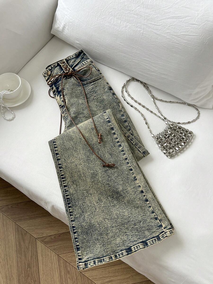 SHEIN Tall Casual Washed Flared Hem Lace-Up Jeans - Blue - View 1
