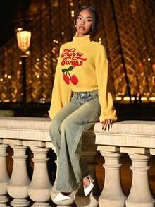 Mima John 可爱纯洁甜美学院风樱桃刺绣高领灯笼袖女式毛衣、长袖上衣 - 黃色 - 查看 4