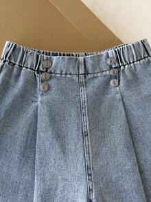 SHEIN Quần jeans ống rộng xếp ly cạp chun cho nữ tuổi teen, kiểu dáng thường ngày, đa năng, phù hợp cho các hoạt động mùa thu/đông như đi chơi, đi làm, tụ họp, ở nhà, đi nghỉ mát, và mùa tựu trường. - Rửa nhẹ - Xem 5