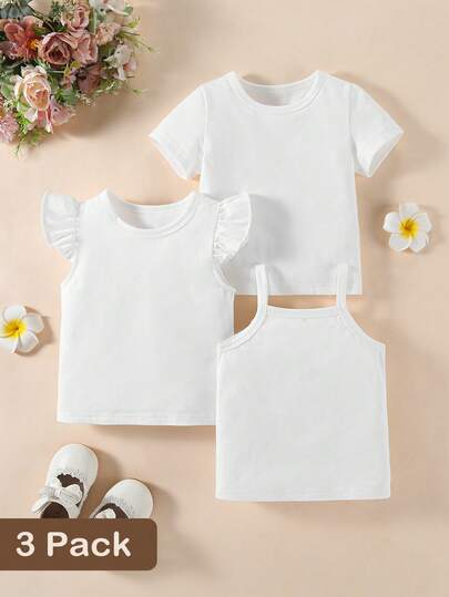 Souflis Souflis 3件套女婴白色套装，包括吊带背心、短袖上衣和短袖连衣裙，适合居家和户外穿着，是夏季休闲百搭之选。