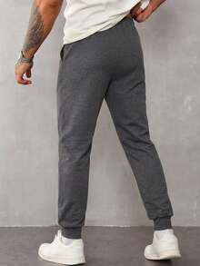 RueChic Men Letter Patched Drawstring Waist Joggers - Dark Grey - View 2