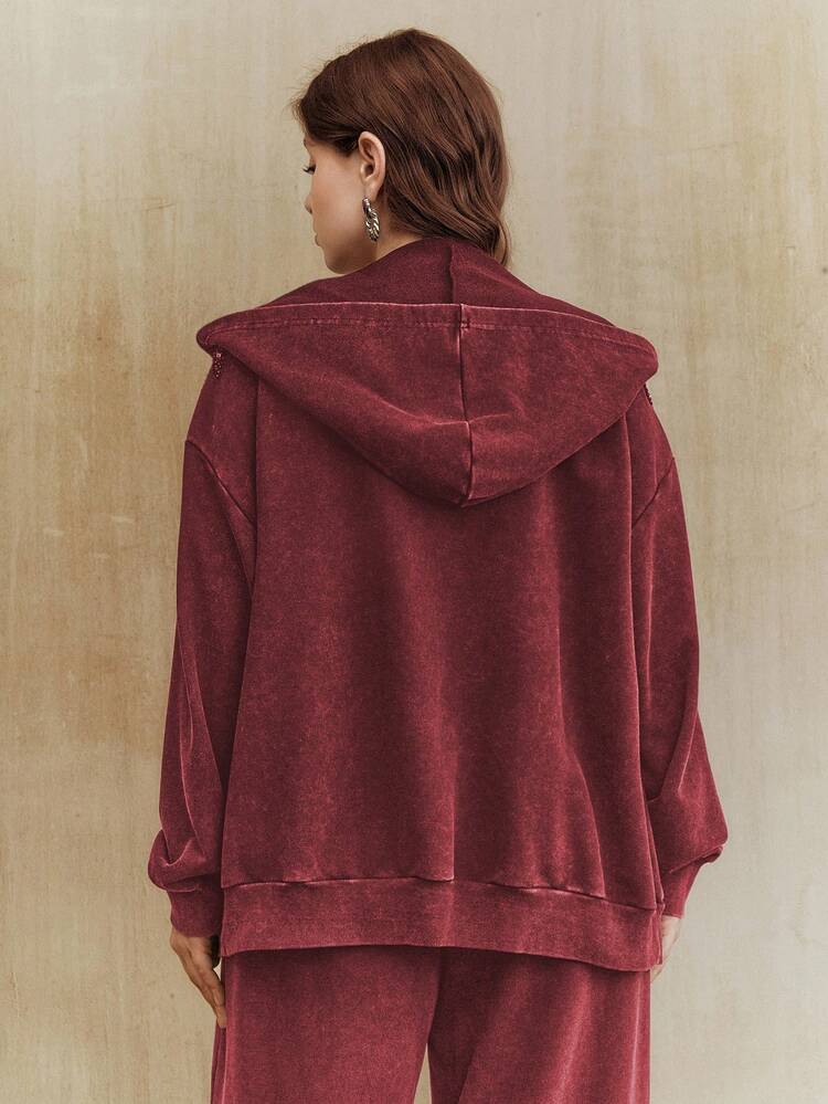 Women's Casual Handmade Embroidered Knit Black Long Sleeve Plus Size Sweatshirt, Autumn/Winter Maroon Red Casual Sequin Sweatshirt