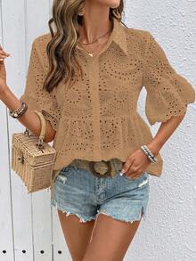 Breezaya Embroidered Shirt, Open Front Shirt, Embroidered Placket Shirt, Casual Shirt - Khaki - View 4