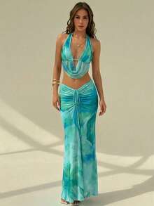 Aloruh Tie-Dye Fashionable Halter Backless Summer Set - Multicolor - View 3