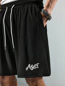 ROMWE MEN Street Life 男士休闲字母刺绣抽绳短裤 - 黑色 - 查看 2