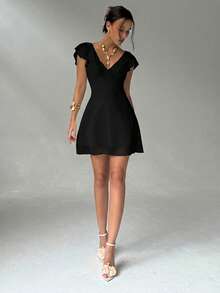 Aloruh Elegant Sexy Charming Ruffle Sleeve A-Line Deep V-Neck Backless Mini Dress For Women,Black Dress For Women - Black - View 3