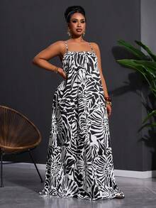 Slaydiva Plus Size Women's Abstract Floral Plant Zebra Print Sleeveless A-Line Maxi Dress Summer Boho Nomadic Style Loose Holiday Beach Vacation Wear White - Black and White - View 5