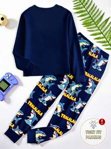 SHEIN GraphicGems 一套男童Tralalero Tralala可爱卡通鲨鱼印花修身睡衣套装，长袖上衣和裤子，时尚清爽，春秋季 - 灰色 - 查看 2