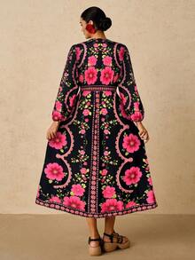 Travachic Plus Size Women's Black & Red Floral Print Maxi Dress, V-Neck Long Sleeve Long Dress, Autumn Dress - Pink - View 2