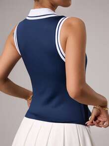 Dewbera Women's Striped Print Half-Zip Sleeveless Sports Polo Shirt - Navy Blue - View 2