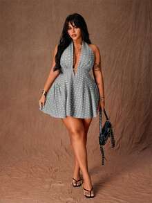 Rustia 大码女式波点露背吊带性感收腰派对连衣裙 - 灰色 - 查看 7