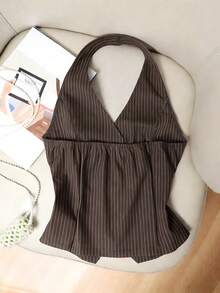 Franclia Women's Casual Commuter Striped Print Metal Button Halter Neck Top, Summer - Brown - View 2
