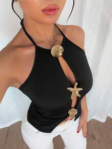 Rafferiza Women's Halter Seashell & Starfish Metal Buckle Hollow Out Sleeveless Fitted Sexy Music Festival Beach Vacation Casual Party Fashion Tank Top - Black - View 5
