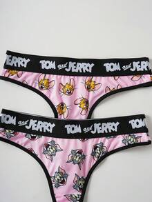 TOM & JERRY X SHEIN 2条装女士趣味卡通印花撞色字母腰带丁字裤 - 粉色 - 查看 4