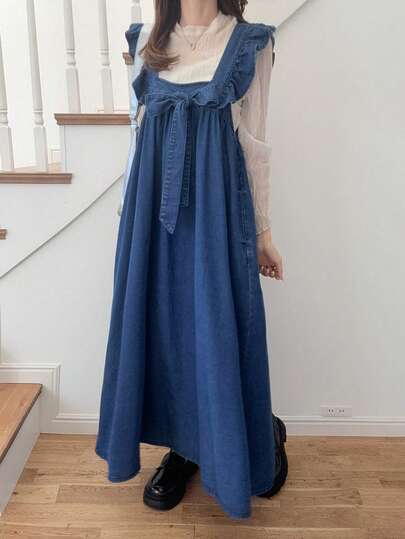FRIFUL Women's Knotted Frill Trim Denim Dress