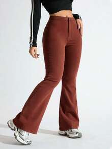 SHEIN EZwear Jeans de pierna acampanada de unicolor y estilo casual - Marrón - Ver 6