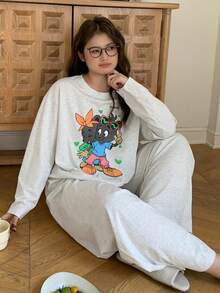 Dazy Plus 休闲卡通印花宽松长袖上衣和直筒睡裤套装，大码，春秋季 - 淺灰色 - 查看 5