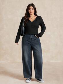 Dazy Plus Vintage Washed Loose Straight Leg Casual Long Jeans, Plus Size For Women, All Season - Dark Wash - View 7