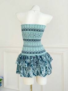 Elamini 佩斯利印花无肩带迷你连衣裙，休闲度假风 - 薄荷藍 - 查看 2