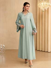 Al Najma 时尚V领花卉蕾丝喇叭袖连衣裙，春夏款 - 薄荷綠 - 查看 8